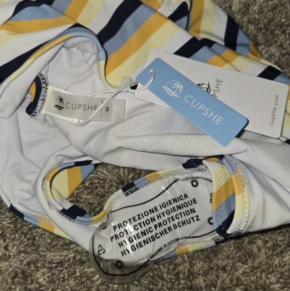 Cupshe Striped One Piece Size Medium Nautical Navy Yellow White Strappy Back - Picture 2 of 3